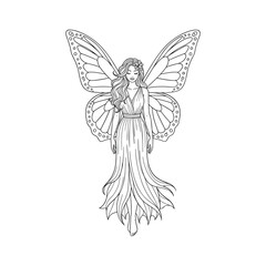 Whimsical line art illustration of a fairy with butterfly wings and flowing dress