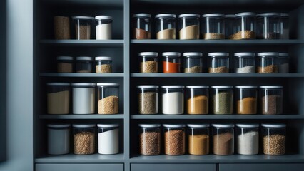 Organized pantry with clear glass jars holding various spices and dry goods on dark gray shelves
