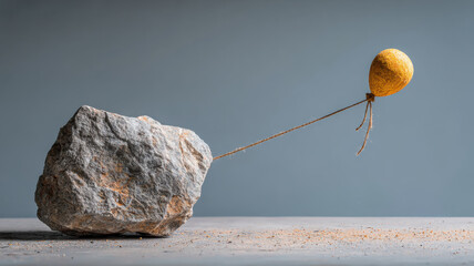 Conceptual artwork showing a contrast between the heavy rock and the light balloon representing limitations and aspirations