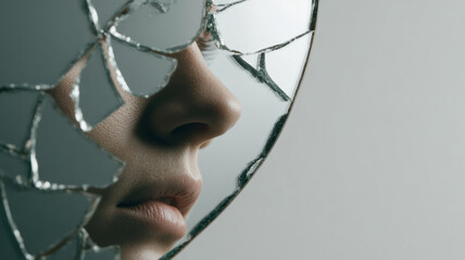 A fragmented reflection of a face. The shattered mirror symbolizes a broken identity or a sense of disintegration.