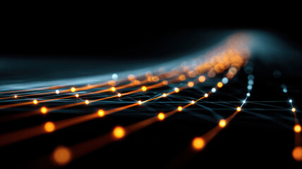 Abstract representation of data flow and connectivity, with glowing lights and blurred effects
