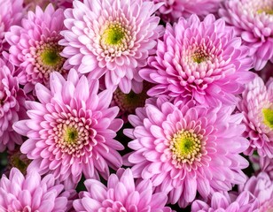 A close-up view of clustered, fluffy, pink blooms with yellow-green centers, creating a soft and vibrant floral arrangement