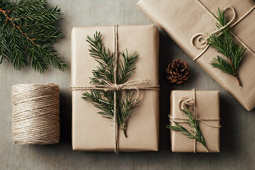 Rustic charm radiates from these kraft paper gifts, adorned with twine and evergreen, perfect for holiday promotions and heartfelt greetings