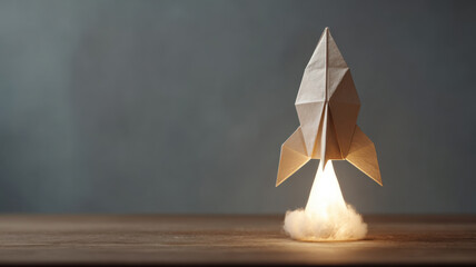 A paper rocket taking off, symbolizing new beginnings and growth. The rocket is made of paper and launching with a cloud effect. This image evokes feelings of hope, progress, and ambition