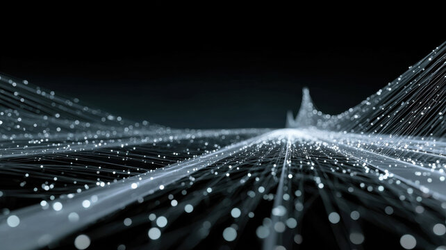 Abstract digital data streams and data flow background with glowing particles. Technological and digital data background with dots