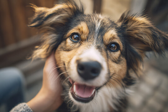 Happy dog close up with expressive eyes being gently petted by person, showing affection and joy in outdoor setting with natural light