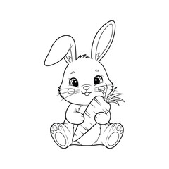 Cute cartoon bunny rabbit holding a carrot for coloring or illustration