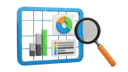 Magnifying Glass Over Data Charts and Graphs on a Transparent Background Showing Financial Analysis and Statistics