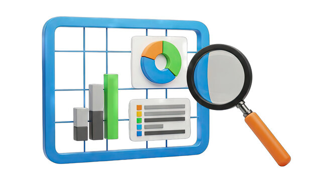 Magnifying Glass Over Data Charts and Graphs on a Transparent Background Showing Financial Analysis and Statistics