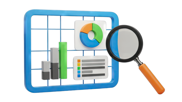 Magnifying Glass Over Data Charts and Graphs on a Transparent Background Showing Financial Analysis and Statistics