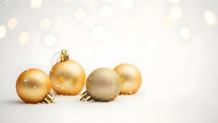 Gold Christmas Ornaments on Snow with Bokeh Lights Festive Holiday Decoration