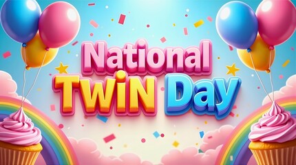 National Twin Day graphic with 3D colorful text, rainbows, cupcakes, balloons and festive sky
