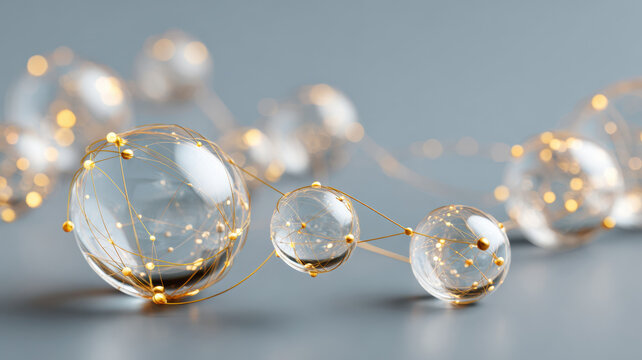 Abstract close-up of interconnected spheres with glowing dots, depicting networking or connection - Powered by Adobe