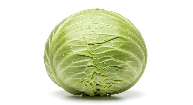 A single head of fresh green cabbage with water droplets on it. - Powered by Adobe