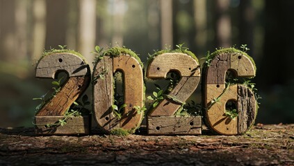 Conceptual image of the number "2026" made from reclaimed wood and moss in a forest setting. Representing environmental focus, growth, and a sustainable future year concept.