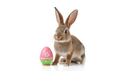 A brown rabbit with pink and green Easter eggs on a white background.