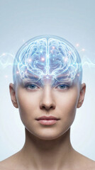 Obraz premium Woman with an exposed glowing brain and light waves. Suitable for medical, research, technology, and science related designs and projects.