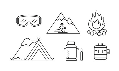 Minimalist Camping and Outdoor Adventure Icon Set in Black and White Perfect for Design Projects and Adventure Enthusiasts