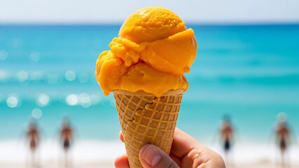  Hand holding mango ice cream cone at the beach
