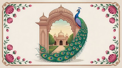Traditional Mughal Wedding Invitation Card Illustration, Mughal Invitation, Wedding Card, Mughal Arch, Bride, Peacock.