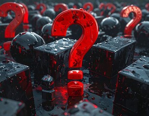 A close-up view of red question marks atop black geometric shapes on a reflective surface. Raindrops enhance the scene
