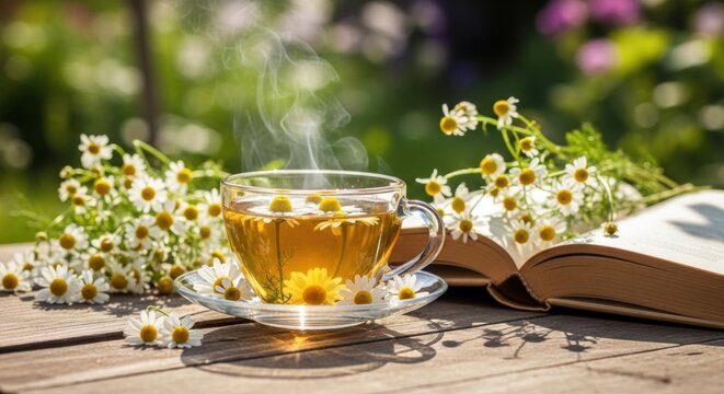 A steaming cup of chamomile tea with chamomile flowers and an open book on a wooden table in a garden setting. - Powered by Adobe