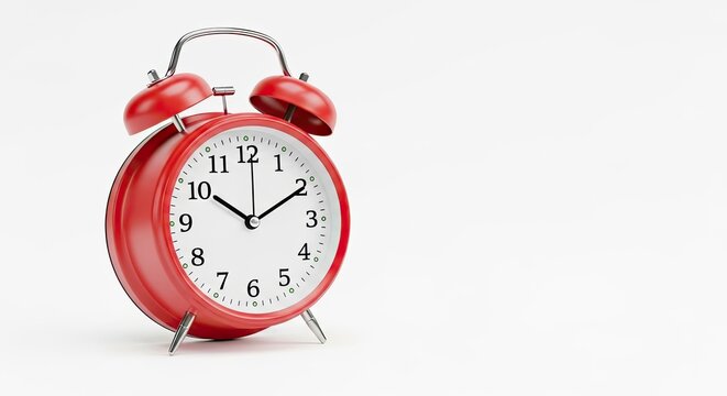 A red alarm clock with a white face and black numbers on a white background.