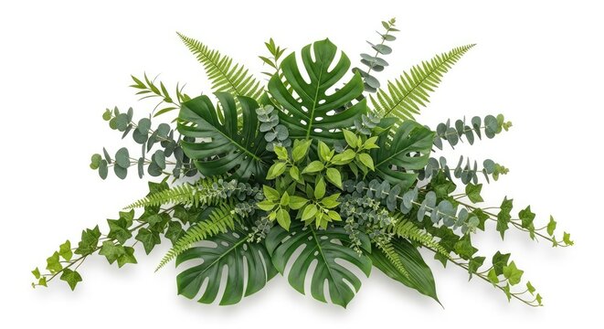 A vibrant arrangement of tropical foliage and greenery on a white background. - Powered by Adobe