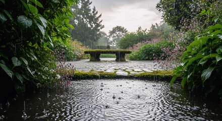 Wet Pathway with Raindrops and Green Foliage on a Foggy Morning