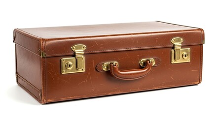 A vintage brown leather suitcase with brass hardware and a leather handle.