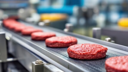 Freshly Formed Beef Patties on Production Line in Modern Industrial Food Processing Facility