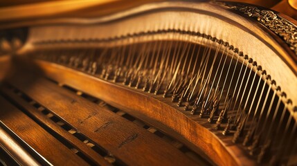 harpsichord. Opened harpsichord interior showing intricate wood grain and strings. event programs, museum guides, designed for cultural heritage projects and event programs, preserves heritage.