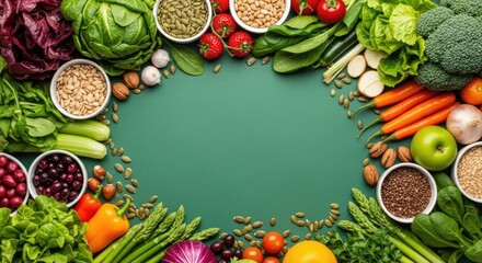 A vibrant green and red vegetable platter with a variety of fresh produce, including leafy greens, berries, and fruits, arranged on a dark green background.