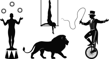 Circus acts silhouettes collection, lion tamer on unicycle with whip, trapeze artist, juggler, and large wild lion, vintage carnival and entertainment show vector set, isolated graphics. © It's Majed Here