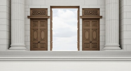 Obraz premium Two wooden doors with ornate carvings, leading to a bright, open sky, with classical columns and a stone wall in the background.