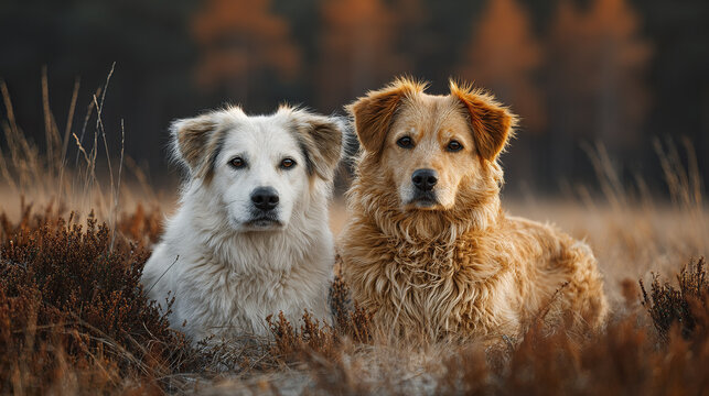 Two dogs with fluffy fur sitting in dry grassy field during autumn, showing calm and attentive expressions with warm natural lighting and blurred background trees