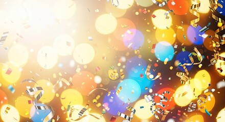 A festive background with colorful confetti and balloons, creating a celebratory atmosphere.