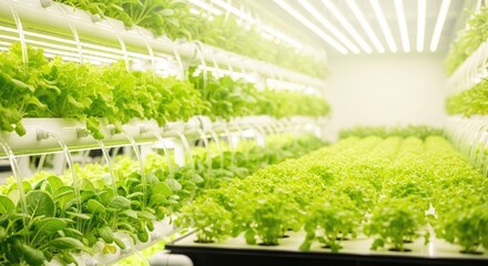 A modern, indoor hydroponic farm with lettuce plants growing under LED lights.
