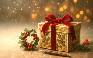 Vintage Christmas Gift Box with Red Ribbon and Holiday Wreath, Generative AI