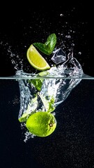 Refreshing lime with mint leaves and ice cubes splashing into water creating a vibrant and cooling beverage scene with droplets and reflections on a dark background