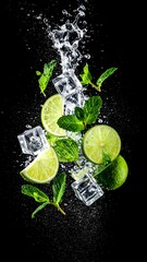 Refreshing lime and mint drink with ice cubes splashing in water on black background for summer and cocktail concepts
