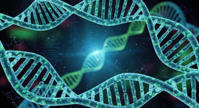 Three DNA strands against a blue background with a glowing light in the center.