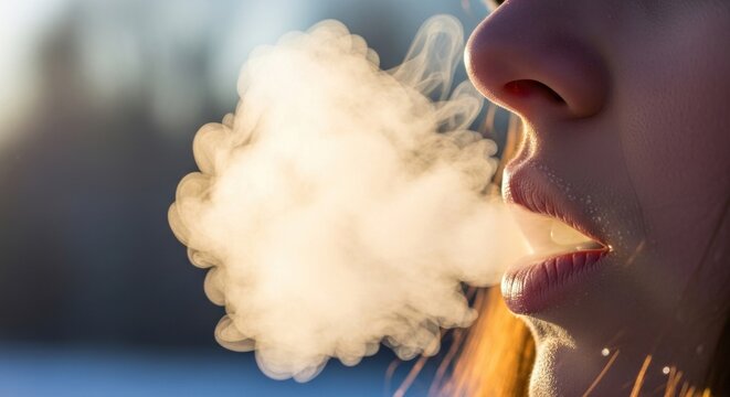 A person exhaling smoke from their mouth.