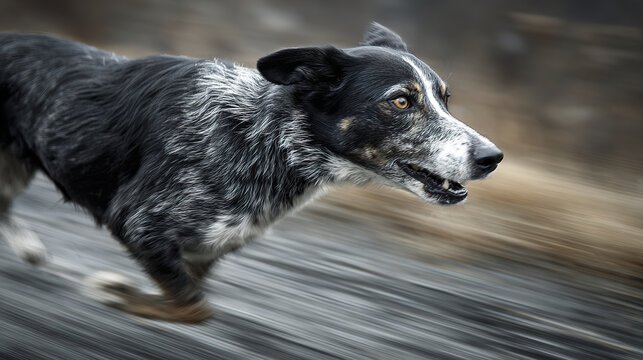 Fast running dog mid stride with focused expression and natural tones in blurred background, capturing dynamic motion and energy in outdoor setting