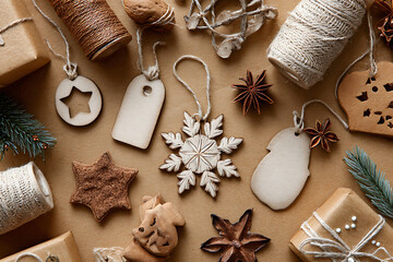 Cozy holiday crafting scene with gifts, wooden tags, and festive decorations, perfect for winter celebrations and seasonal marketing campaigns