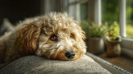 Curly beige dog resting on gray fabric near window with blurred green plants outside, showing calm and thoughtful expression in soft natural light