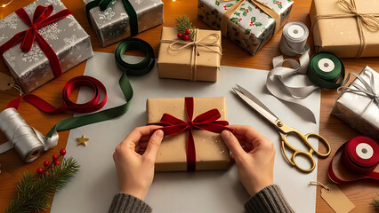 Hands tying a red ribbon bow on a brown paper wrapped gift box surrounded by wrapping supplies