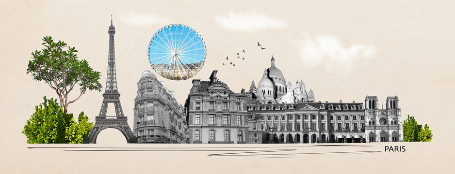 Contemporary design or art collage about Paris. Fashion vintage style. Travel and Vacation concept