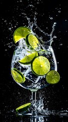Vibrant refreshing lime slices splashing in clear glass filled with sparkling water creating dynamic droplets and bubbles on dark background