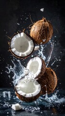 Fresh whole and halved coconuts with water splashes on a dark background for tropical, healthy, and organic food themes in high resolution